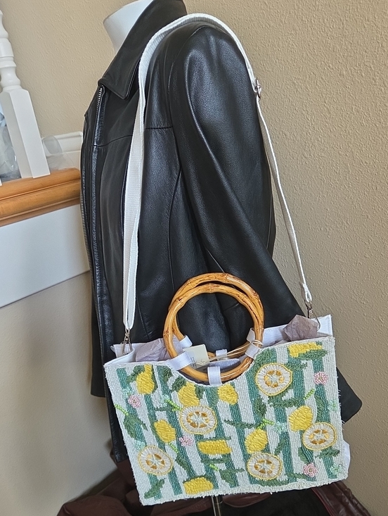Sol And Mer Handbags - Womens SOL and MER Beaded Summer Satin Purse Tote Bag Lemons Wood Handles NWT